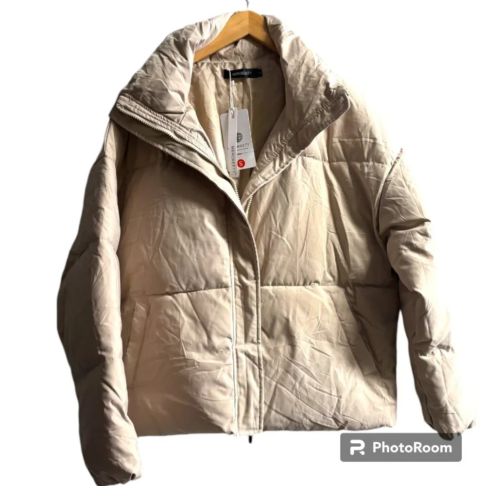 MEROKEETY Womens Winter Long Sleeve Zip Puffer Baggy Short Down Coat S Beige NWT